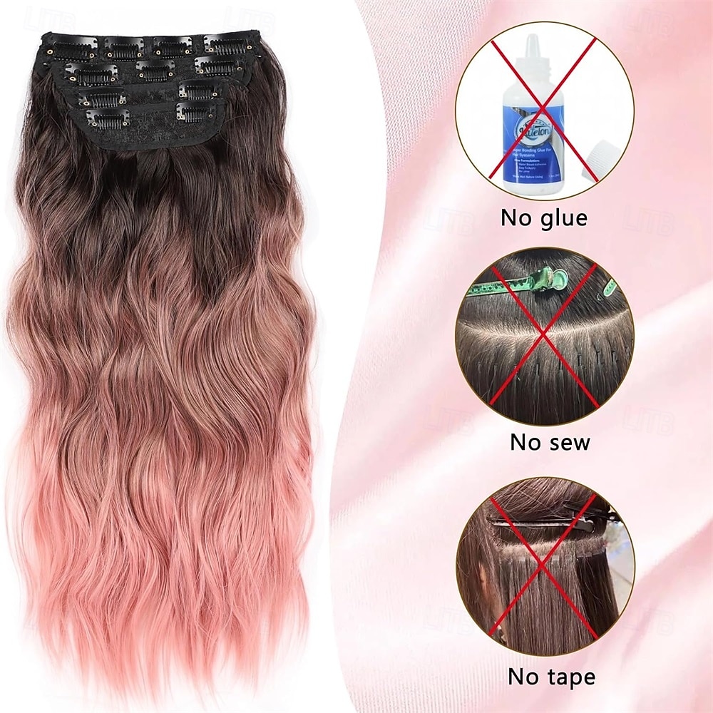 2025年 20インチのクリップインヘアエクステンション、ロングウェーブ合成ヘアエクステンション、太めのピンクのヘアエクステンション、クリップイン、ダブルウェフトヘアエクステンション、女性用  コレクション – $26.99 –P7