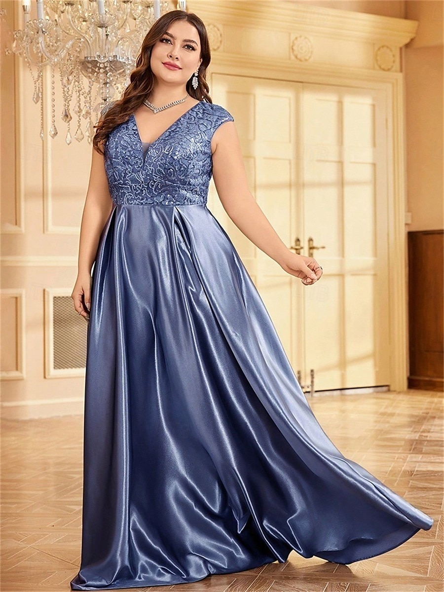 Robe A-Line Grande Taille Élégante Robe Courbe De Mariage Formelle Longue Au Sol Manches Courtes Col en V Satin Dos Nu Avec Plis 2025 de 2025 ? $119.99 –P28