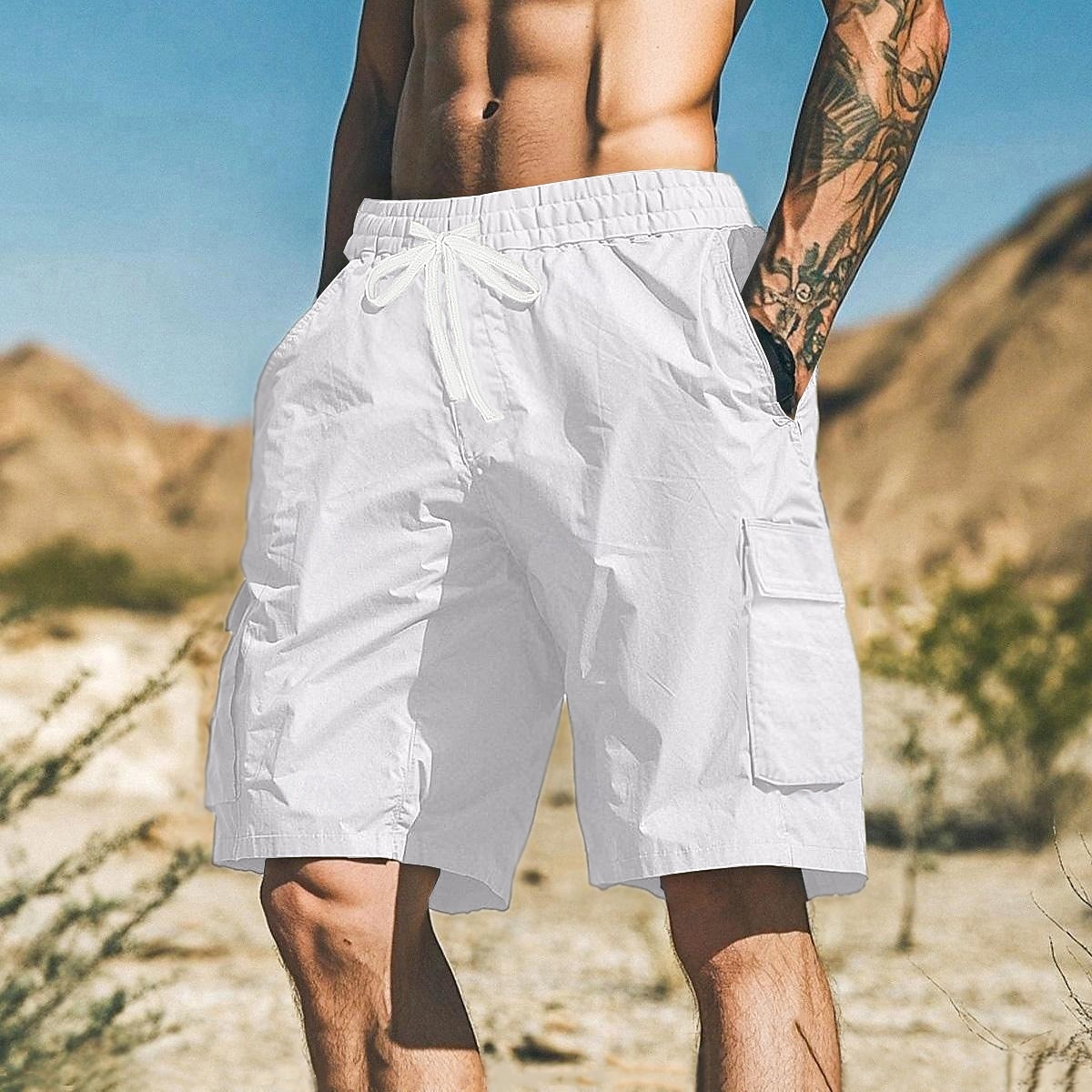 Homens Bermuda Cargo Calção Shorts de verão Bermudas Shorts de praia Com Cordão Bolso multi Perna reta Tecido Respirável Pavio Humido Comprimento do joelho Ao ar livre Casual Diário Férias Moda de 2025 por $25.99 –P5