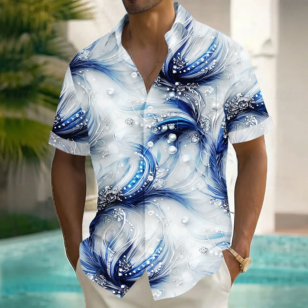 Men's Geometric Waves Pearl Shirt Summer Shirt Button Up Shirt Short Sleeve Fashion Casual Vacation Holiday Streetwear Summer Turndown 3D Print Front One Pocket Linen Like Shirt Blue Green Khaki 2025 - $23.99 –P1
