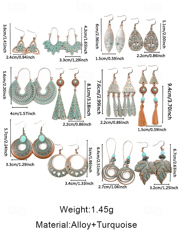 2026年 女性用ボヘミアンヴィンテージターコイズダングルイヤリングセット - ヴィンテージトライバルスタイルの軽量ダングルイヤリング。アンティークブロンズ仕上げ。休日のカジュアルなお出かけやギフトに最適です。  コレクション – $9.99 –P13