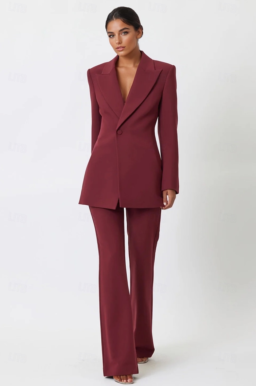 Burghundy Zweiteiliges Hosenanzug Brautmutterkleid Elegant Minimalistisch Lässig Revers Bodenlang Langarm mit Knöpfen 2025 - $159.99 –P1