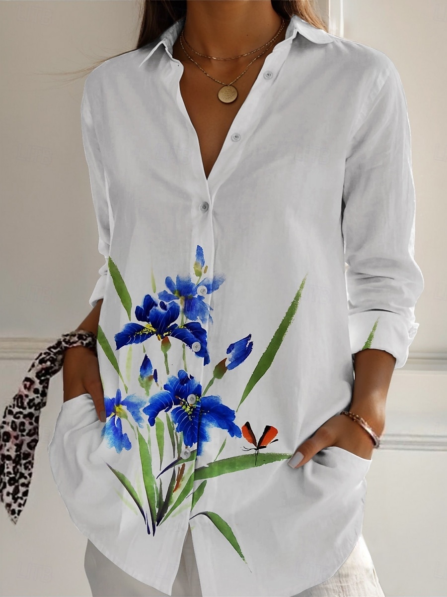 Per donna Camicia Floreale Attivo Quotidiano Elegante Manica Lunga Colletto a Camicia Top Regolari Quotidiano Ferie Bottoni Stampato Bianco Primavera Autunno del 2025 a $25.99 –P1