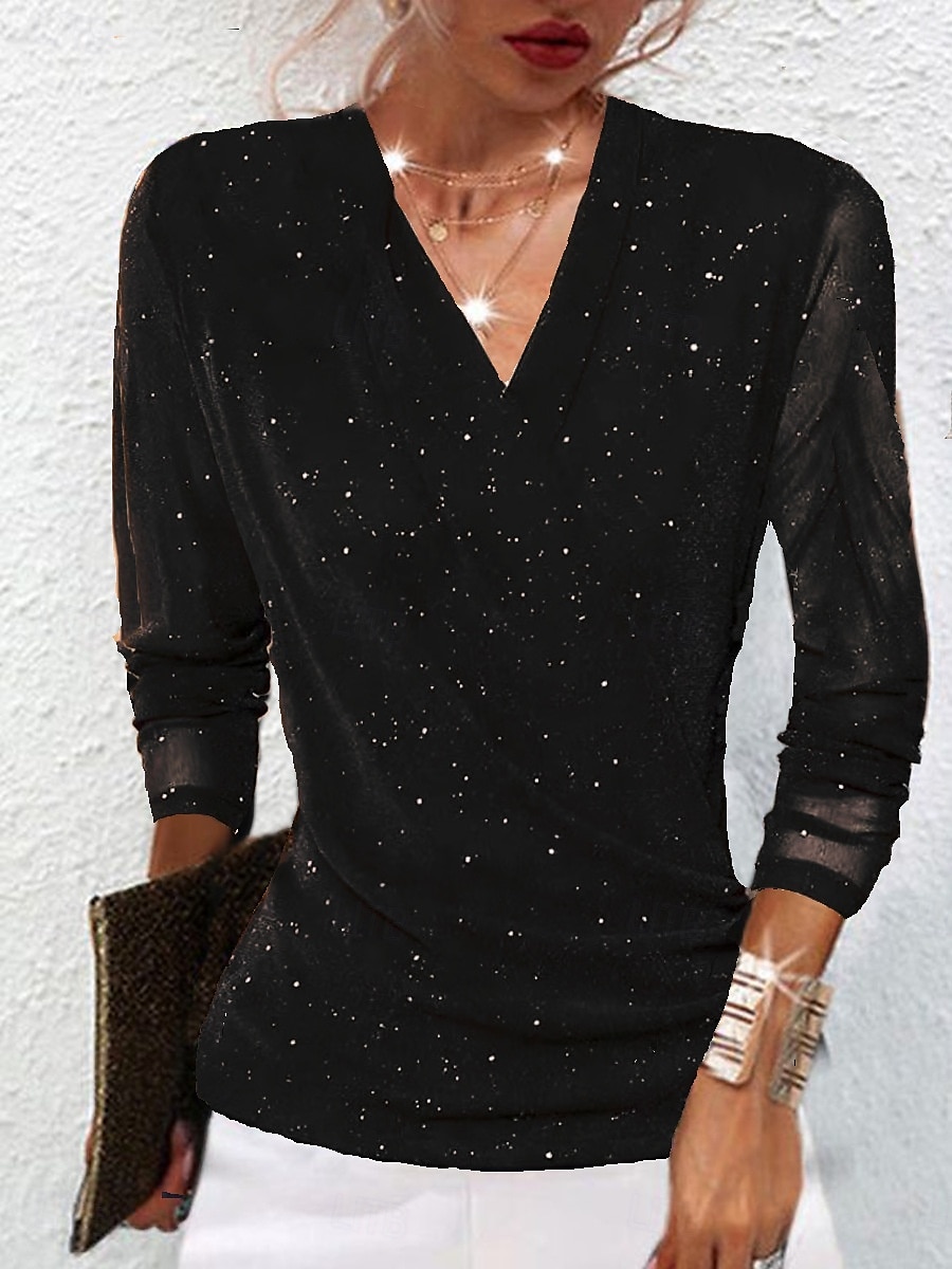 Dames Blouse Effen Kleur Stijlvol Casual Lange mouw V-hals Normale tops Dagelijks Netstof Lapwerk Zwart Rood Kameel Paars Bruin Zomer Lente 2025 - $29.99 –P5