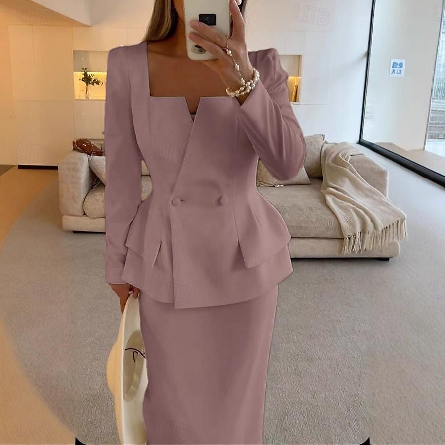 Zweiteilig Meerjungfrauenschnitt Brautmutterkleid Formell Elegant Einfach Minimalistisch Quadrathals Tee-Länge Krepp Stretchstoff Langarm mit Einfarbig 2025 2025 - $139.99 –P12