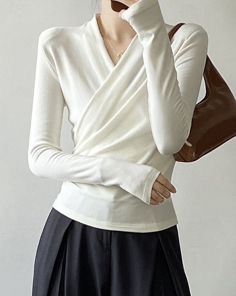 Femmes Chemisier Uni Moderne Occasionnel manche longue Col en V Hauts Réguliers Quotidien Fête Froncé Noir Blanche Marron clair Automne de 2025 ? $22.99 –P10