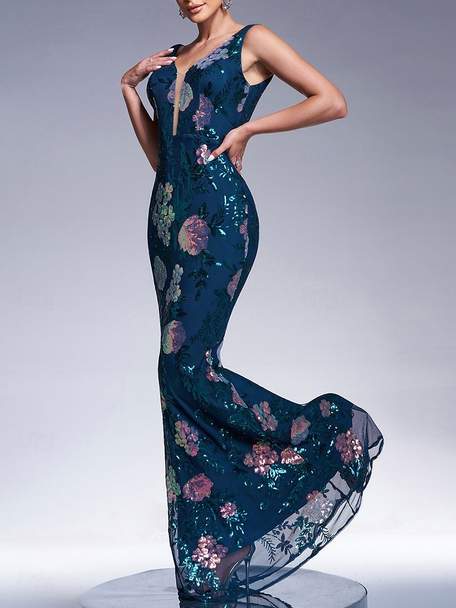 Mermaid / Trumpet Evening Gown Elegant Dress Formal Wedding Floor Length Sleeveless V Neck Lace with Sequin 2025 - $139.99 –P6