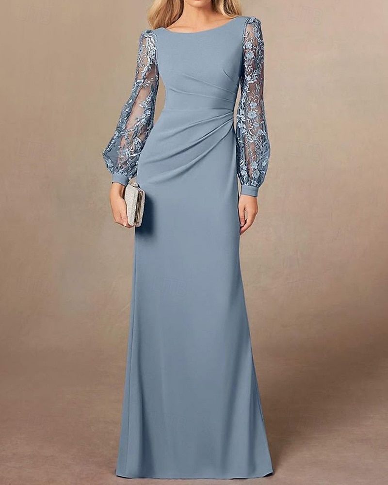 Abito da madre della sposa a tubino/colonna blu polvere, elegante, semplice e minimalista, con scollo a barca, lunghezza al pavimento, in crêpe elasticizzata, maniche lunghe con ricami in pizzo 2025 del 2025 a $149.99 –P1