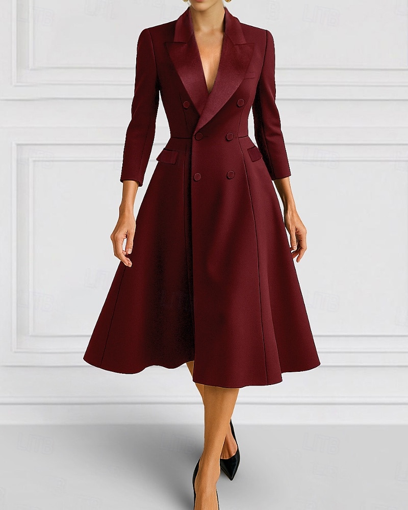 A-Line Blazer Dress Mother of the Bride Dress Tuxedo Dress Elegant Simple Minimalist V Neck Peak Lapel Tea Length Midi Length Flap Pockets Stretch Crepe 3/4 Length Sleeve with Covered Buttons 2025 - $137.99 –P5