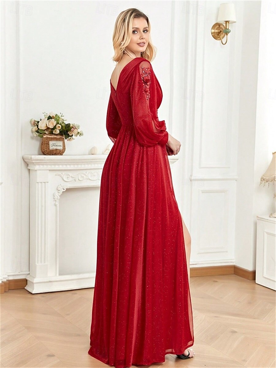 A-vonal Quinceanera Ruhák Elegáns Ruha Formális Esküvői Padló Hosszúságú Hosszú Ujjú V Nyak Sifon V Hátsó Ráncokkal Hasítékkal 2025 - $99.99 –P7