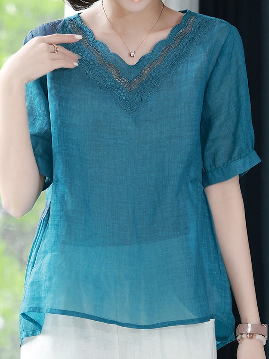 Women's Cotton Linen Shirts Solid Color Elegant Stylish Basic Short Sleeve V Neck Regular Tops Daily Embroidered Blue Summer Spring 2025 - $32.99 –P2