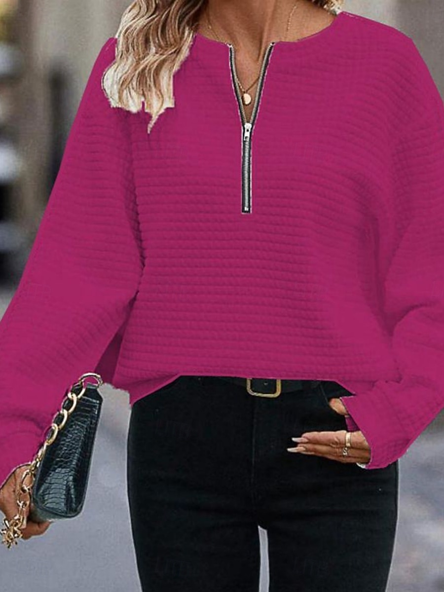 Femmes Chemisier Couleur Unie Élégant Occasionnel manche longue Col ras du cou Hauts Réguliers Quotidien Fermeture éclair Noir Blanche Bleu Fuchsia Abricot Printemps Automne de 2025 ? $25.99 –P6