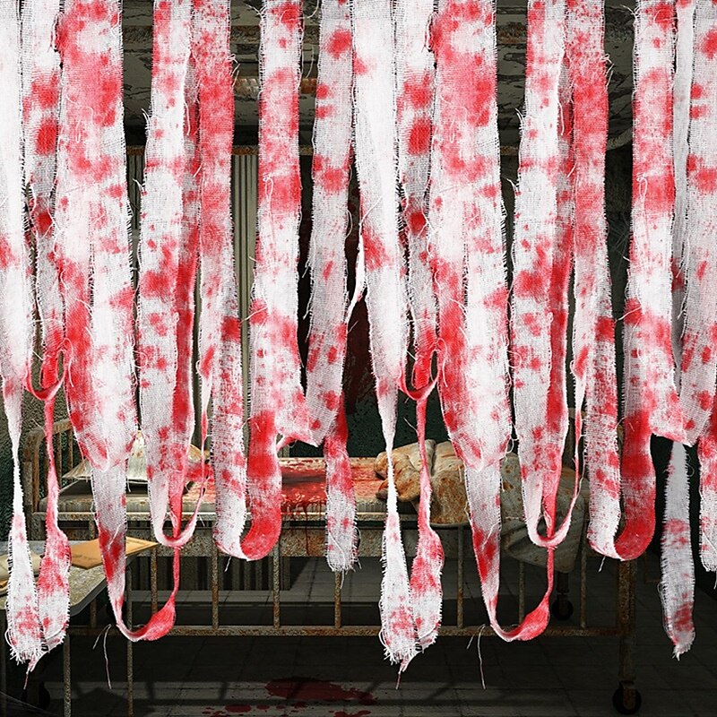 halloweeni véres gézkötés, vérfoltos kendőcsíkok, figyelmeztető szalag, hátborzongató jelenet dekoráció, kísértetjárta házibuli kellék 2025 - $9.49 –P6