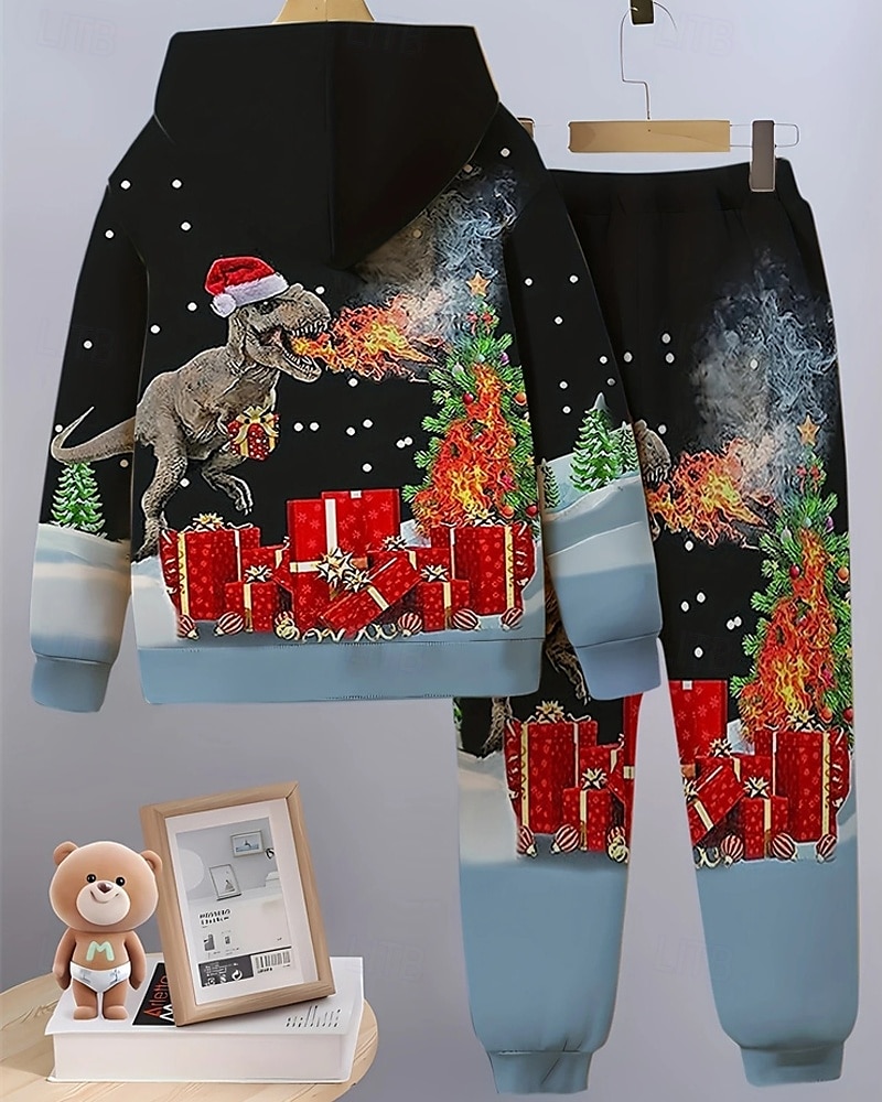 Jongens 3D Dinosaurus Set met capuchon en joggingbroek Sportoutfit Trainingspakken Lange mouw Lente Herfst Dagelijks Basic Casual Kinderen 4-12 jaar Capuchon Buiten Vakantie Sport Getailleerd 2025 - $26.99 –P2