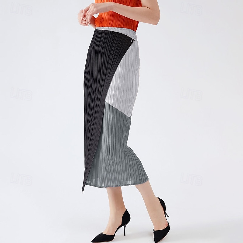 Dam Kjol Elegant Vintage Mode Ledigt Midi Medium Midja Kjolar Färgblock Rynkad Lappverk Asymmetrisk nederkant Elastisk Semester Fest Ljusgrå Sommar Polyester 2025 - $69.99 –P1