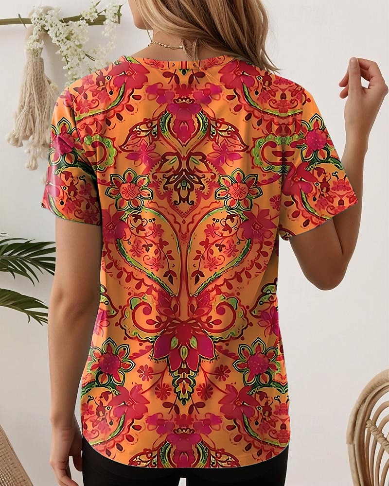 Pentru femei Tricou Floral Grafic Imprimeu Paisley Epocă Stilat Clasic Manșon scurt În V Topuri obișnuite Zilnic Imprimeu Negru Galben Roz Îmbujorat Roșu-aprins Mov Vară Primăvară 2025 - $19.99 –P7