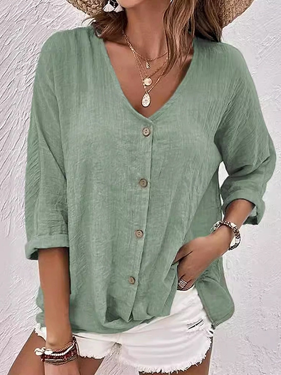 Women's Shirt Blouse Solid Color Plain Bohemia Daily Stylish 3/4 Length Sleeve V Neck Regular Tops Daily Holiday Going out Buttons Sage Green Blue Khaki Rose Pink Summer Spring Fall 2025 - $19.99 –P4