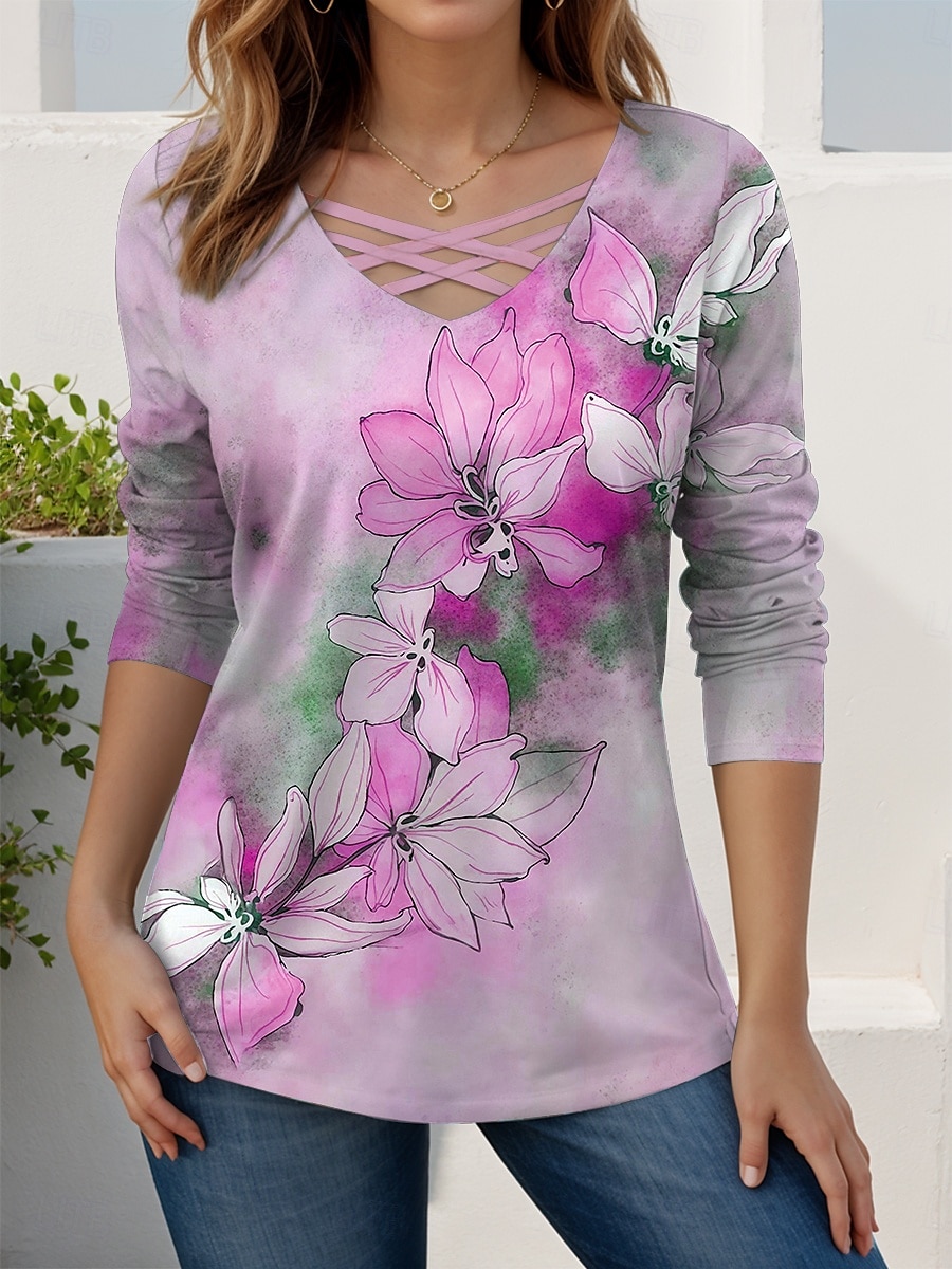 Femmes T-shirt Fleuri Graphique ancien Élégant Moderne manche longue Col en V Hauts Réguliers Quotidien Découpé Imprimé Rouge Bleu Bleu Ciel Violet Printemps Automne de 2025 ? $23.99 –P1