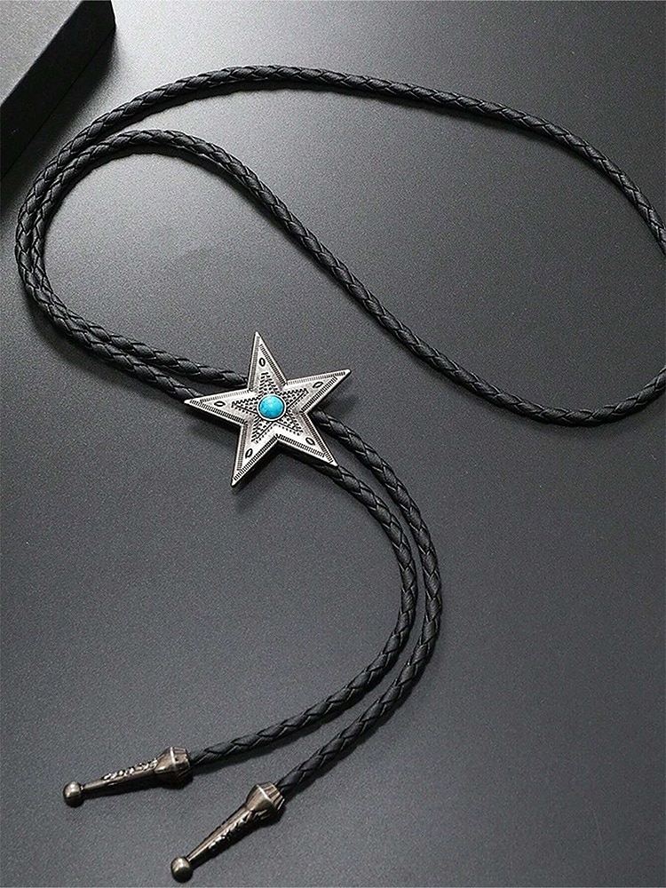 Cravate bolo western star pour homme avec centre turquoise, métal bronze antique ou argent, cordon en cuir tressé réglable, cravate vintage cowboy rodéo pour concerts country, mariages et usage quotidien de 2025 ? $9.99 –P6