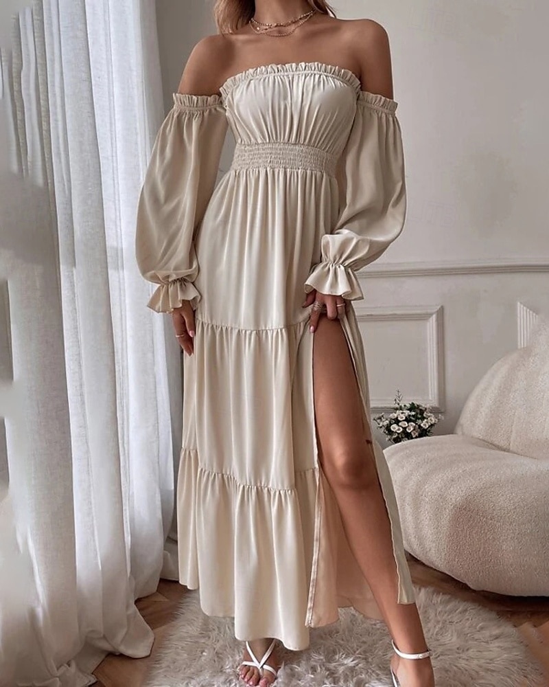 Damen Langes Kleid Maxikleid Schößchen Kleider Mode Modern Outdoor Urlaub Ferien Normale Passform Einfach Dreiviertelarm Schulterfrei Schwarz Rote Beige Sommer 2025 - $22.99 –P7