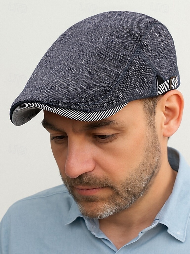 Verstellbare Schiebermütze aus Leinen für Herren, leichte, atmungsaktive Zeitungsjungenmütze mit Streifendetail, Vintage-Ivy-Cap-Stil für Freizeitausflüge und den Alltag 2025 - $14.99 –P1