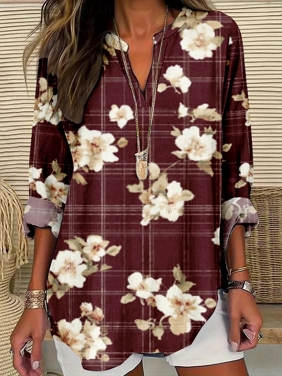 Dames Blouse Bloemig Stijlvol Modern Lange mouw V-hals Normale tops Dagelijks Feestdagen Afdrukken Wijn Marine Blauw blauw Paars Khaki Zomer 2025 - $22.99 –P3