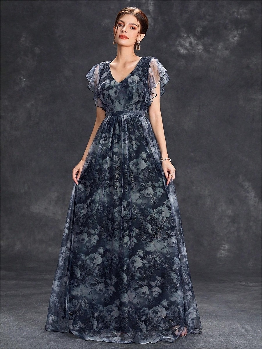 Abiti Quinceanera A-Line abito elegante formale lungo senza maniche scollatura a V in chiffon con stampa floreale del 2025 a $79.99 –P22