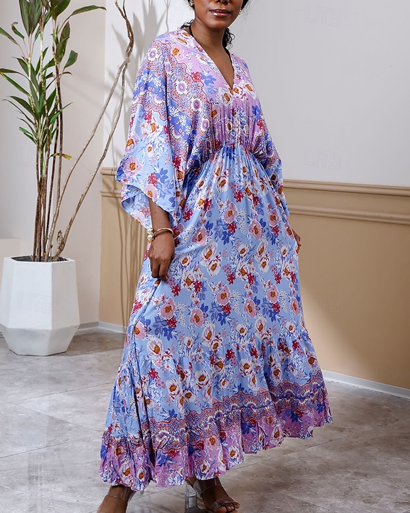 Damen Langes Kleid Maxikleid Freizeitkleid Schwingkleid Boho-Kleid Westernkleid Elegant Mode Romantisch Outdoor Urlaub Party Normale Passform Blume Langarm V Ausschnitt Blau Frühling Herbst 2025 - $26.99 –P2