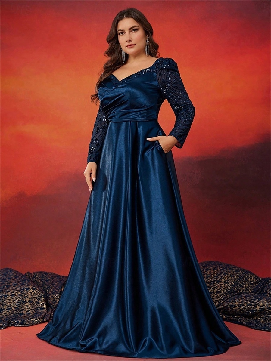 Vestidos Plus Size em A Vestido Elegante Curve Formal Casamento Comprimento de Chão Manga Longa Decote Coração Cetim com Pregas de 2025 por $121.99 –P4