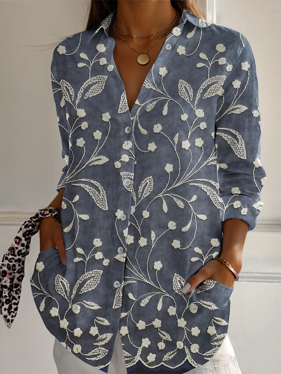 Women's Shirt Buttons Print Floral Active Daily Stylish Long Sleeve Shirt Collar Regular Tops Daily Holiday Gray Spring Fall 2026 - $29.99 –P1
