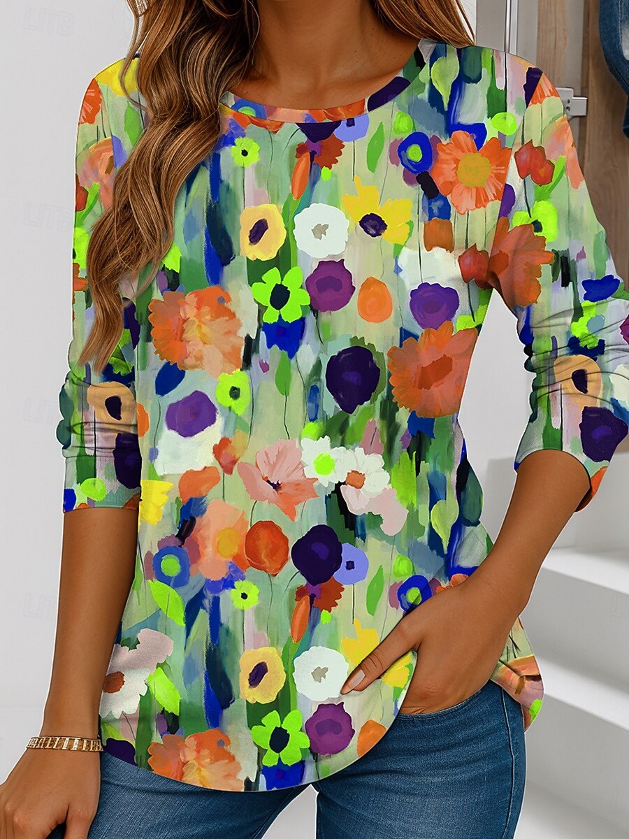 Maglietta da donna a manica lunga con scollo a girocollo tunica grafica floreale vintage elegante casual tops regolari stampa weekend rossa blu viola verde estate del 2025 a $22.99 –P3