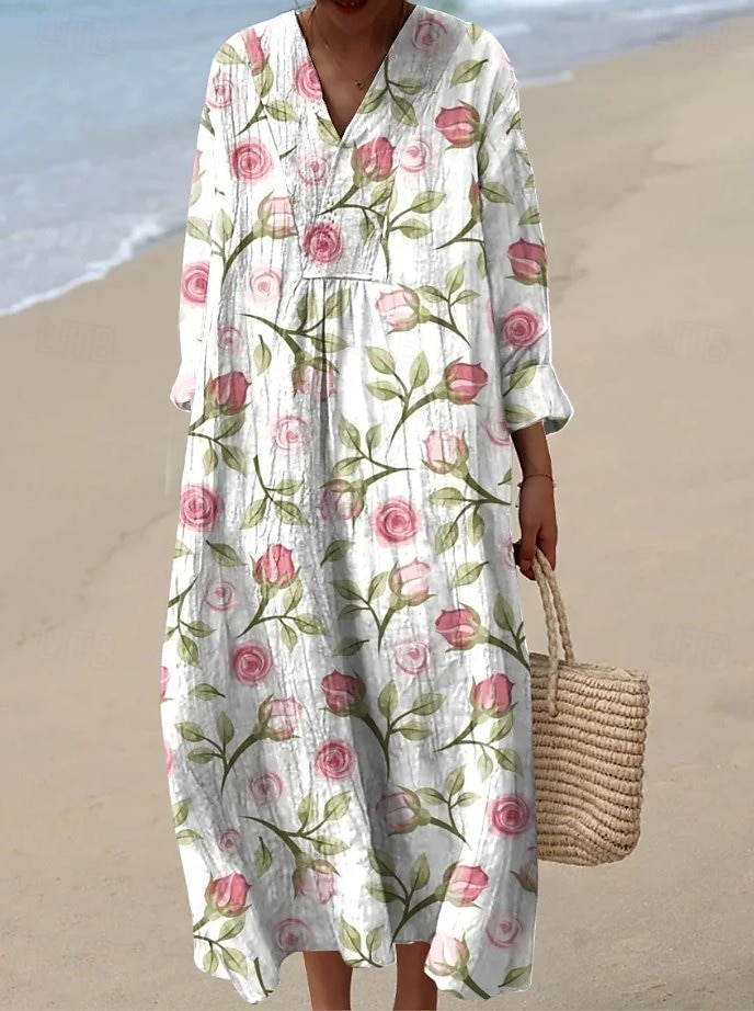Damen Midikleid Sommerkleid A Linie Kleid Urlaub Lässig Boho Party Ausgehen Strand Blumen Grafik Abstrakt Langarm V Ausschnitt Asche Weiß Gelb Rosa Sommer Frühling 2025 - $35.99 –P3