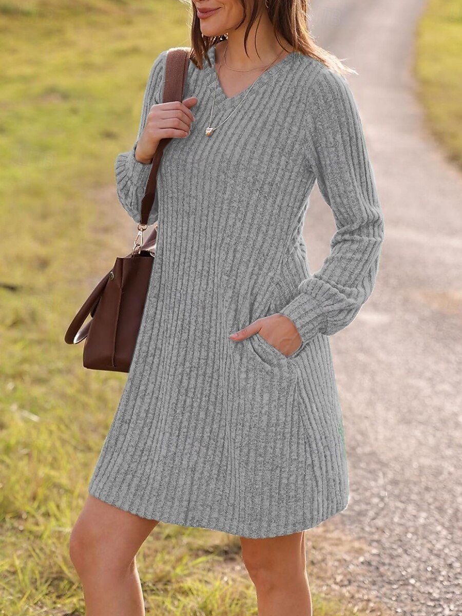 Per donna Mini Abito Abito in maglia Casual Casuale Vestibilità regolare Semplice Manica Lunga Scollo a V Nero Marrone Verde Grigio Autunno Inverno del 2025 a $22.99 –P11