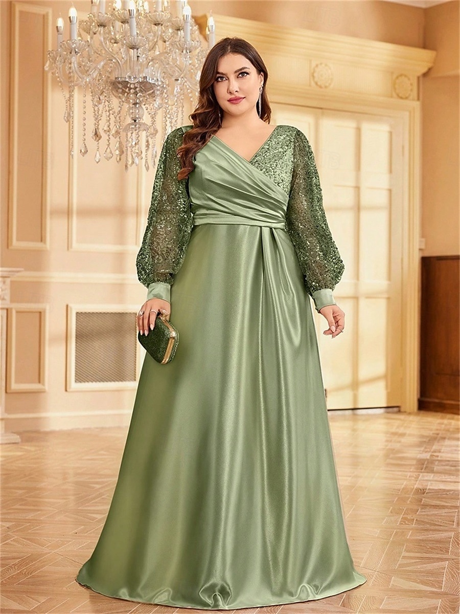 Robe A-Line Grande Taille Élégante Robe Courbe De Mariage Formelle Longue Au Sol Manches Longues Col en V En Polyester Avec Plis 2025 de 2025 ? $119.99 –P1