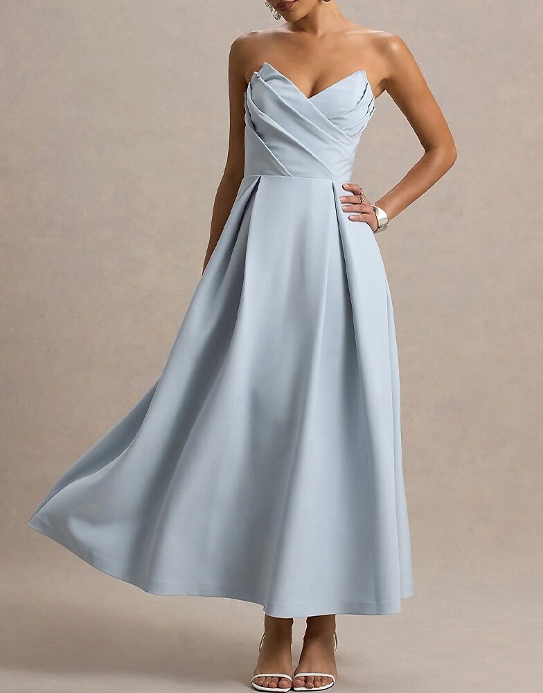 Abiti da cocktail a trapezio, eleganti, abiti da cerimonia, da sposa, lunghezza tè, midi, senza maniche, scollo a cuore, in crêpe elasticizzata con pieghe e tasca 2025 del 2025 a $129.99 –P3
