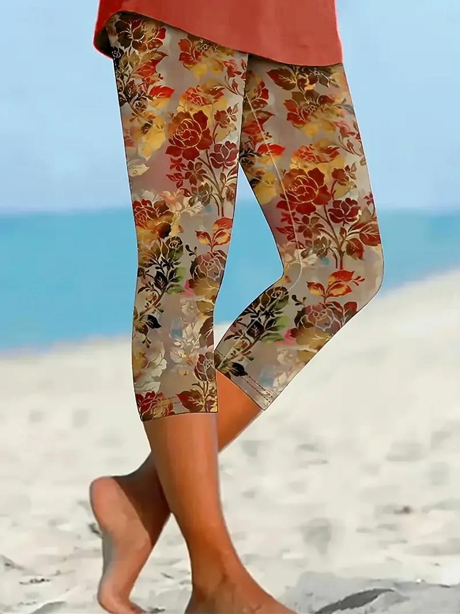 Women's Capri Pants Leggings Vacation Vintage Ethnic Style Calf-Length High Waist Floral Graphic Leaf Soft Comfortable Breathable Stretchy Casual Daily Vacation Maroon Azure Orange red Summer Spring 2026 - $20.99 –P6