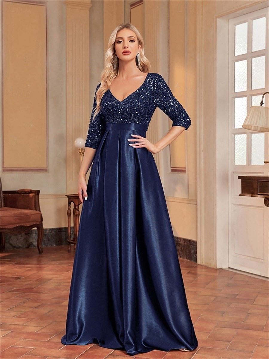 A-Line Quinceanera Dresses Elegant Dress Formal Wedding Floor Length Long Sleeve V Neck Polyester with Sequin 2025 - $99.99 –P14