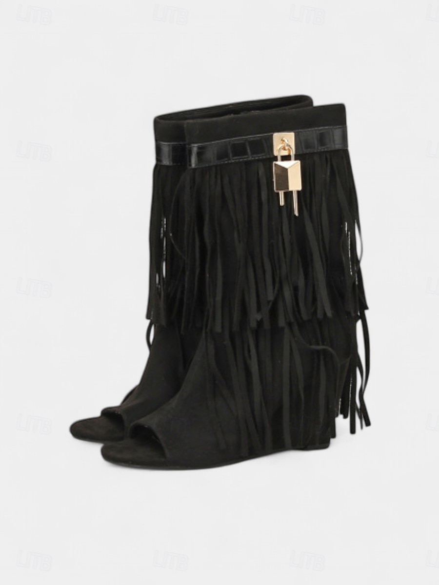 Botas de cuña con punta abierta de ante con flecos para mujer, con cremallera y detalle de candado: estilo bohemio para festivales, conciertos de música y eventos al aire libre. 2025 - $46.99 –P6