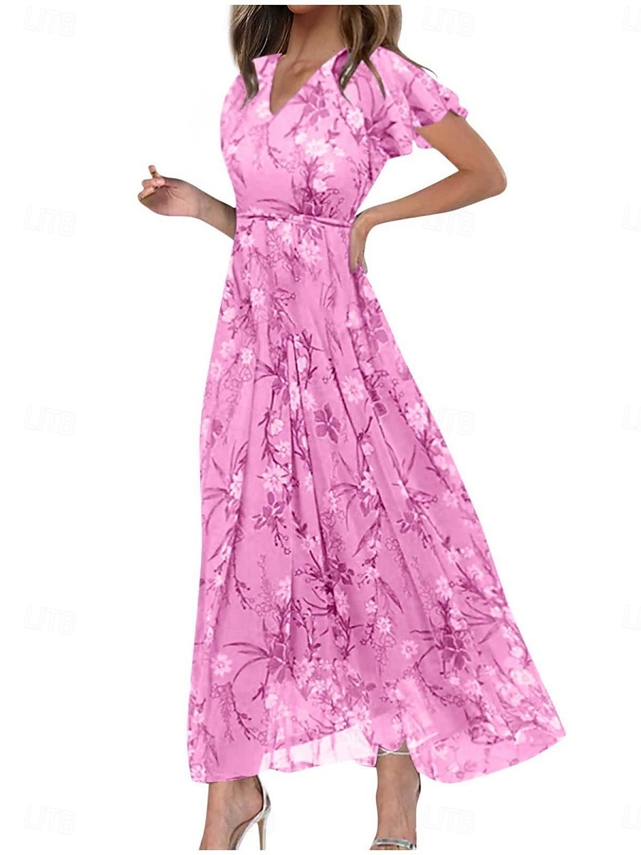 Dam Maxiklänning A linjeklänning Semester Ledigt Boho Utomhus Utekväll Normal Blommig Kortärmad V-hals Purpur Fuchsia Orange Grå Sommar 2025 - $39.99 –P5