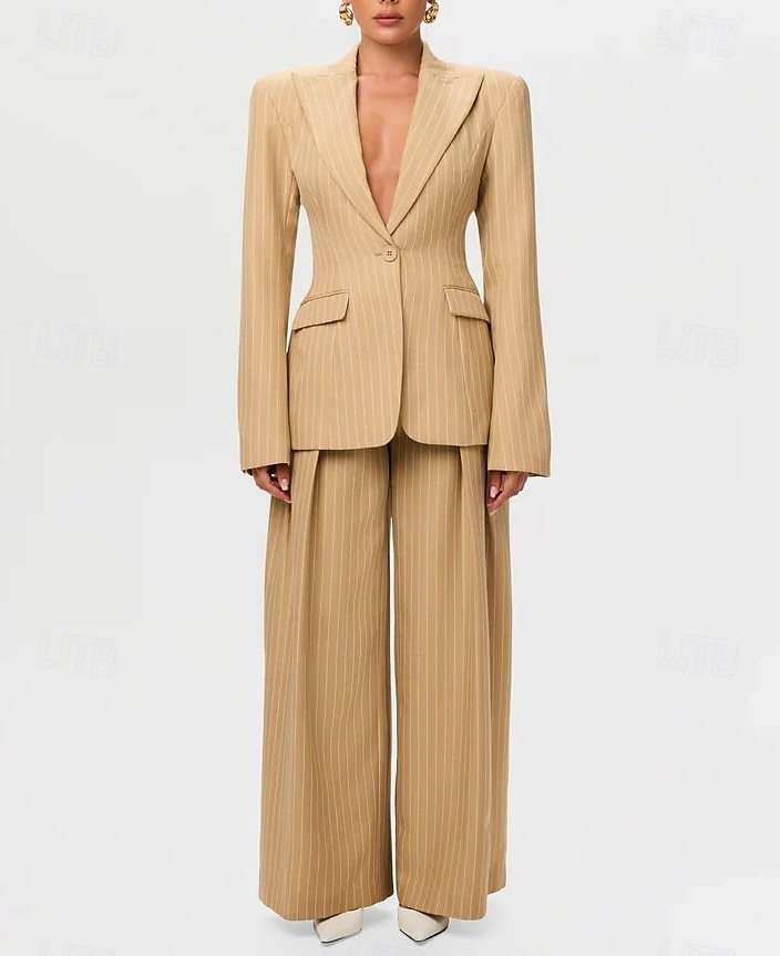 Women's Strip Suits Two Piece Mother of the Bride Wedding Pant suits  Elegant Vintage Shirt Collar Floor Length Polyester Long Sleeve 2025 - $159.99 –P5
