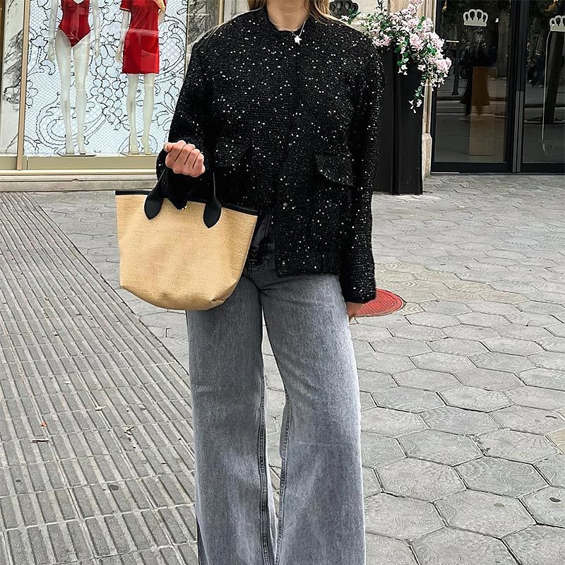 Mujer Abrigo de invierno Cómodo Bolsillo Lentejuela Moda Plano Exterior Noche Botonadura Simple Regular Escote Chino Ajuste regular Manga Larga Ropa de calle Negro Dorado Otoño Invierno 2025 - $39.99 –P7
