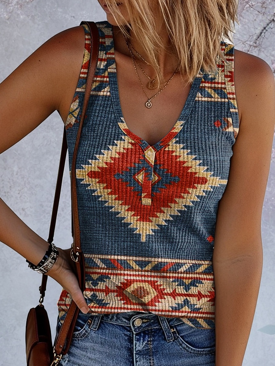 Dame Camisole Tank Top Grafisk Geometrisk Årgang Stilfull Etnisk Ermeløs V-hals Vanlige topper Daglig Trykt mønster Rød Blå Dusty Blue Sommer Vår 2025 - $17.99 –P1
