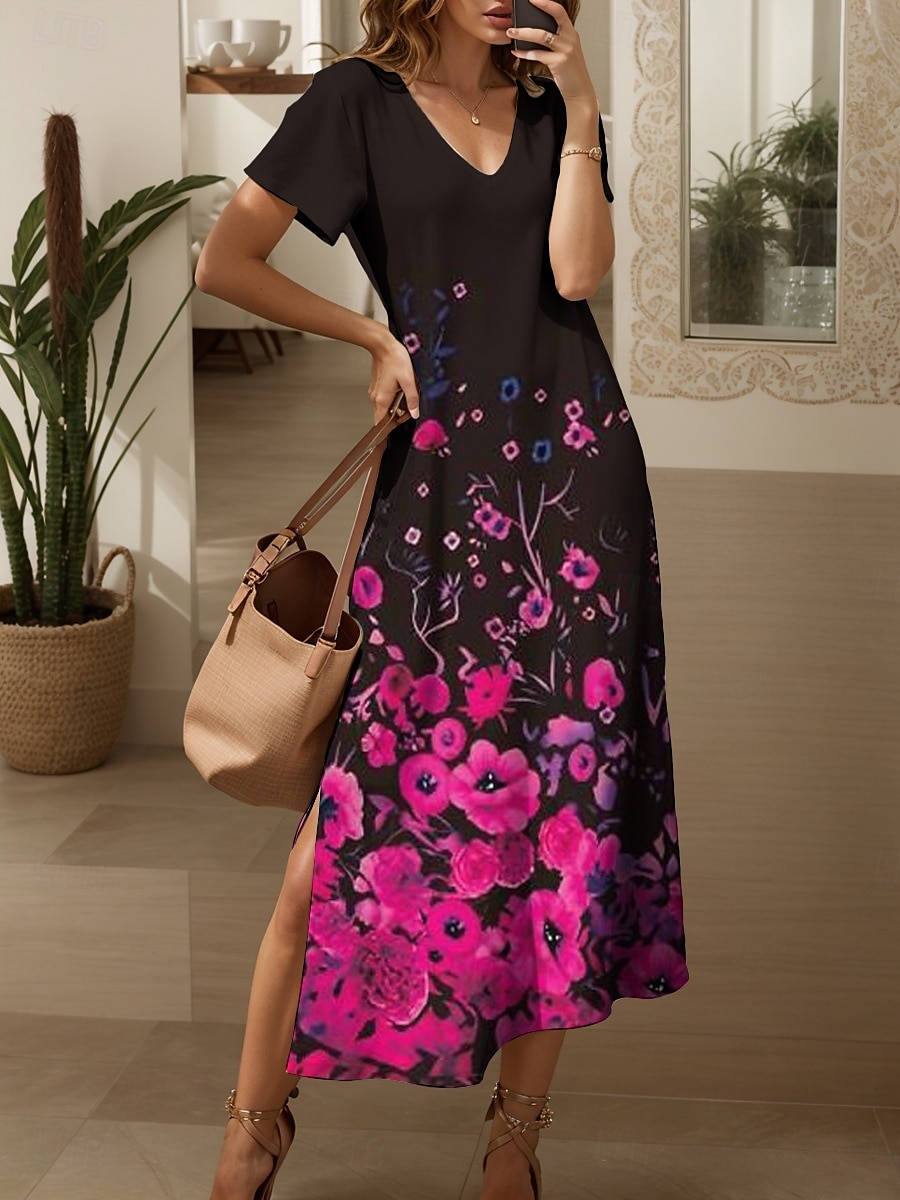 Women's Maxi Dress Casual Dress Sundress A Line Dress Elegant Vacation Casual Beach Regular Fit Ombre Floral Graphic Short Sleeve V Neck Magenta Red Blue Purple Summer Spring 2025 - $28.99 –P1