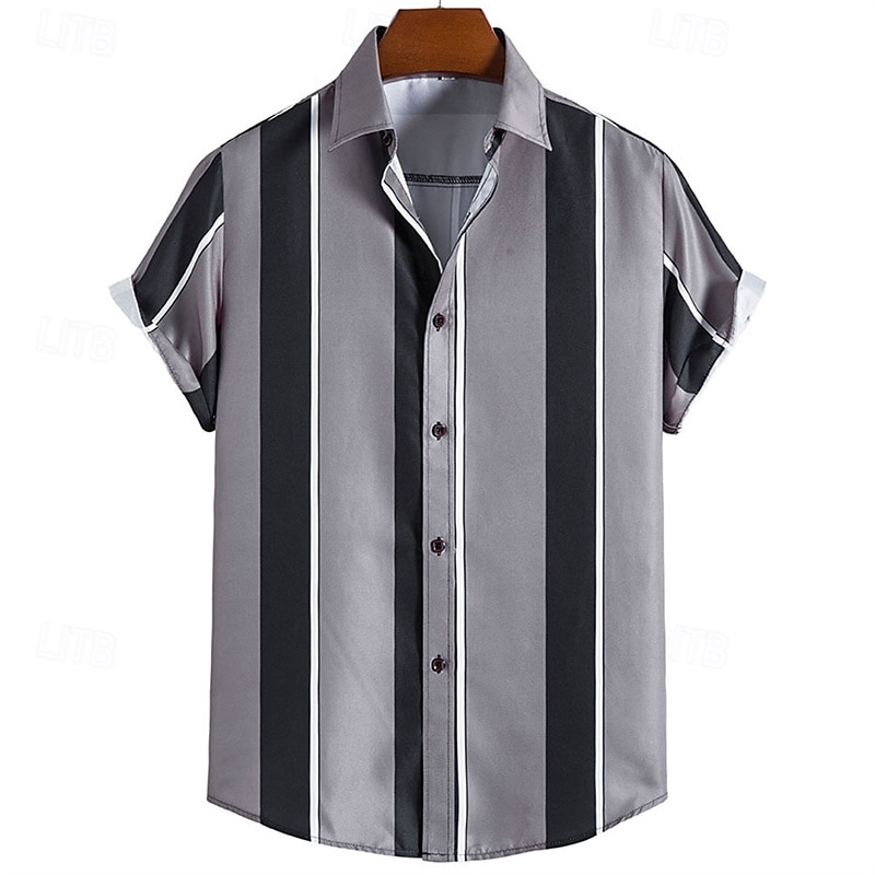 Herren Hemd Sommerhemd Freizeithemd Strandhemd Knopfhemd Blau Gold Grün Dunkelgray Grau Kurzarm Streifen Revers Urlaub Hawaiianisch Bekleidung Polyester Mode Lässig Bequem 2025 - $18.49 –P4