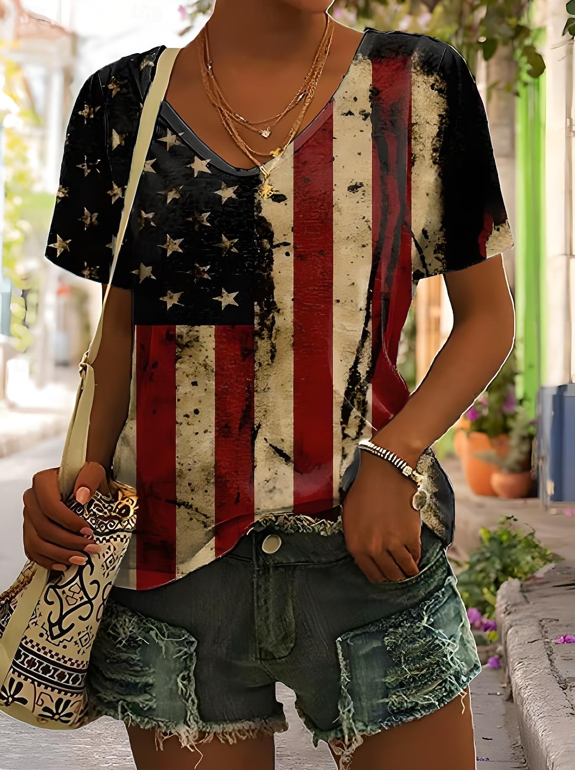 Independence Day Patriotic Women's T Shirt Graphic Plants Flag Vintage Stylish Classic Short Sleeve V Neck Regular Tops Daily Weekend Print Black White Red Light Brown Blue 2026 - $21.99 –P3