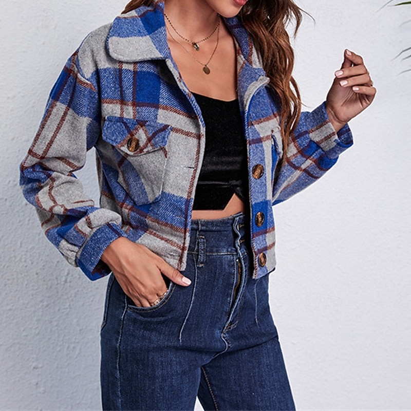 Damen Hemdjacke Warm Bequem Tasche Mode Outdoor Karomuster Ausgehen Wochenende Kurz Umlegekragen Normale Passform Langarm Oberbekleidung Grau Herbst Winter 2025 - $26.99 –P3
