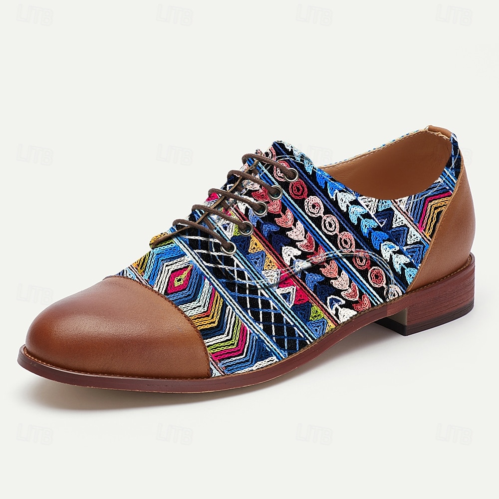 Men’s Tribal Geometric Jacquard Fabric Derby Shoes with Brown Faux Leather Details, Ethnic Style Lace-Ups for Cultural Events, Banquets and Fashion Shoots 2025 - $46.99 –P4