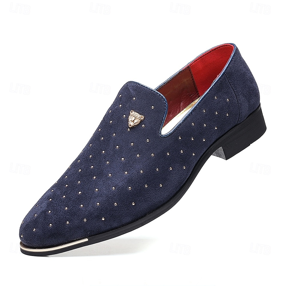 Zapatos sin cordones de ante azul marino para hombre con detalles tachonados y detalles dorados: zapatos sin cordones de lujo para fiestas nocturnas, bodas y reuniones formales. 2026 - $54.99 –P2