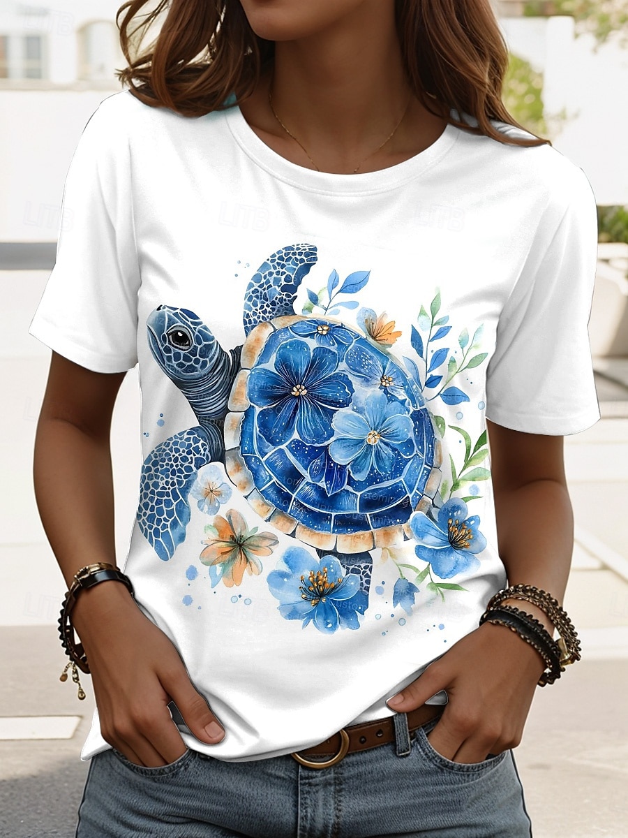 Femmes T-shirt Graphique Animal Tortue de mer ancien Élégant Classique Manche Courte Col ras du cou Col rond Hauts Réguliers Quotidien Week-end Imprimé Blanche Bleu Roi Bleu Vert Blanc Ecru Ét de 2025 ? €17.95 –P5