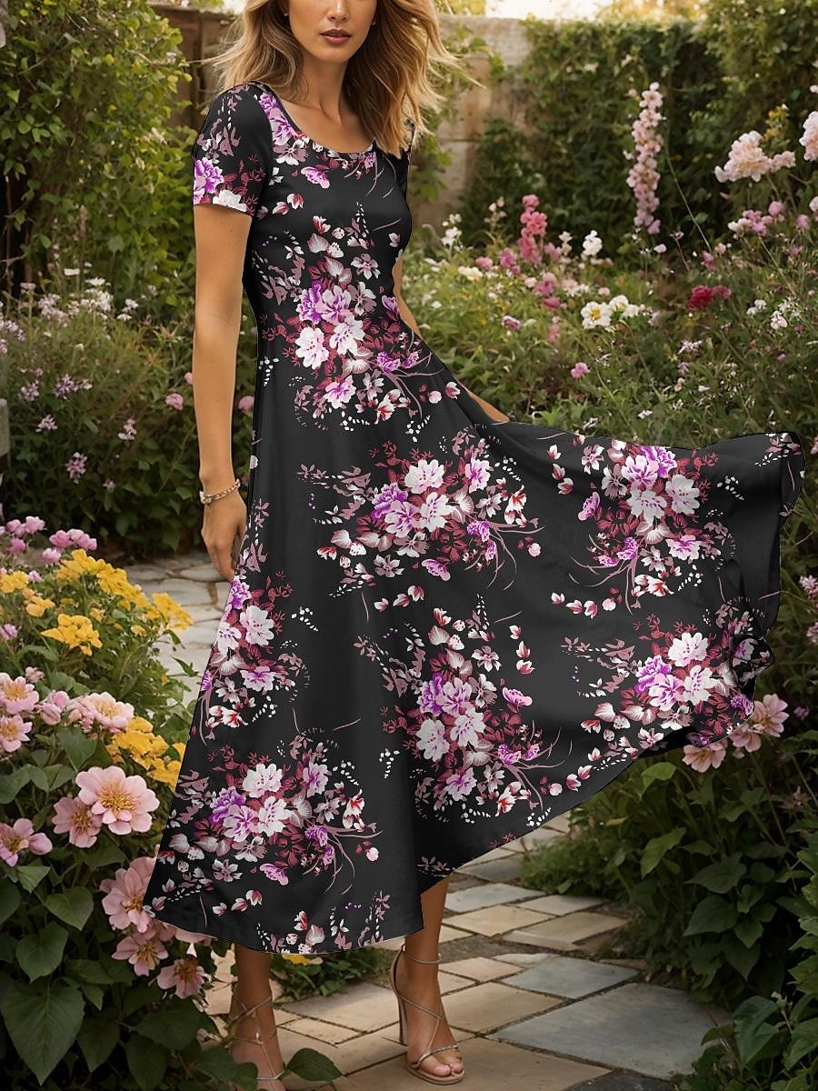 Damen Maxikleid Strickkleid Freizeitkleid A Linie Kleid Sommerkleid Elegant Urlaub Lässig Normale Passform Blumen Grafik Kurzarm Quadrathals Rundausschnitt Gelb Rote Blau Purpur Sommer Frühling 2025 - $31.99 –P7